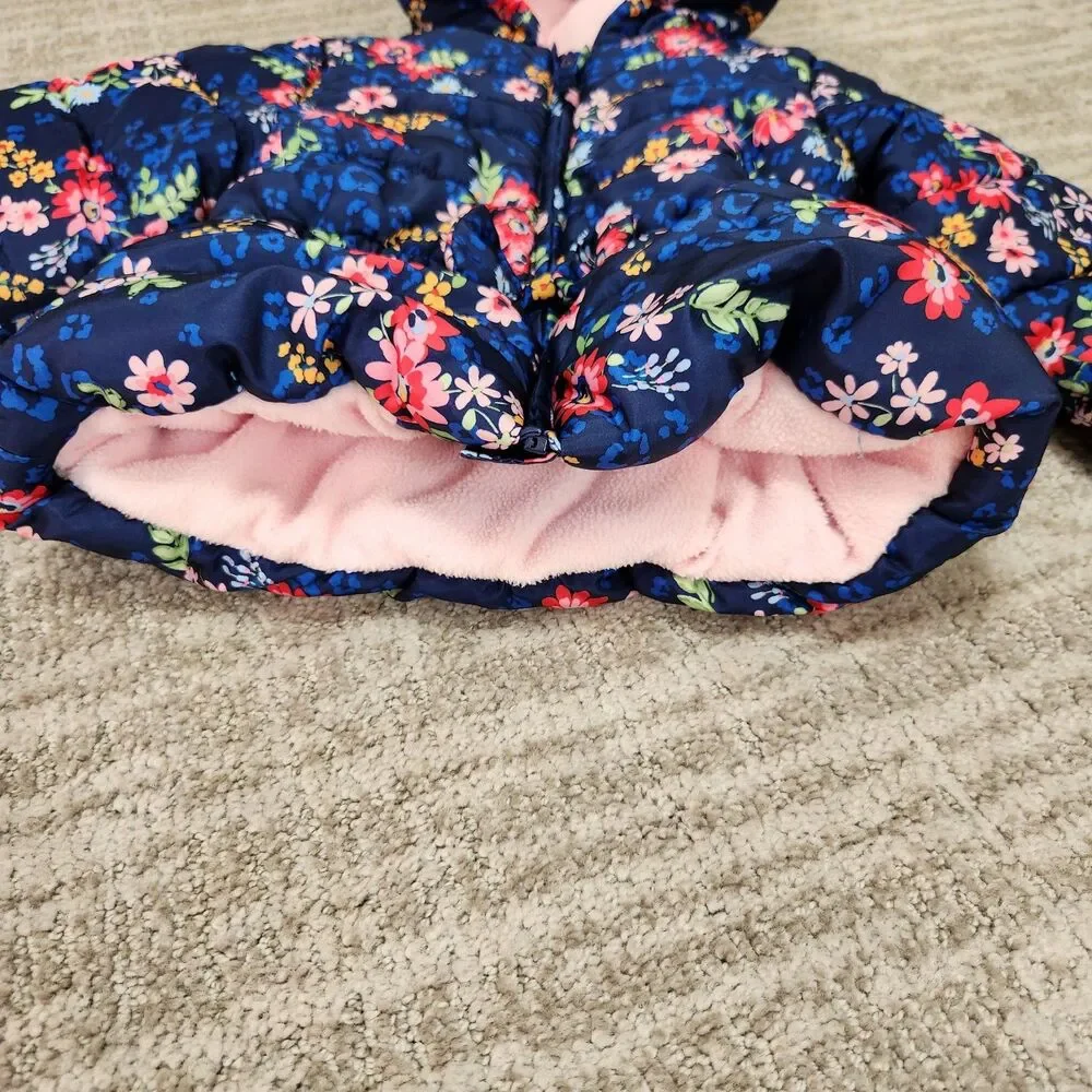 Little Me girls floral puffer hood heavyweight jacket blue pink size 2T